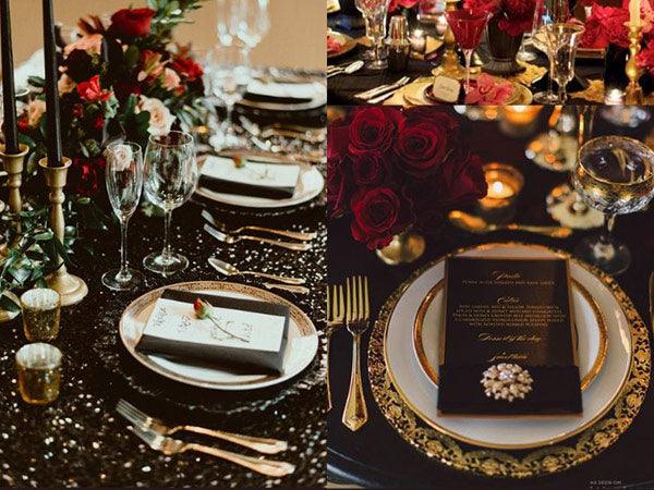 Red, black, and gold wedding table decor