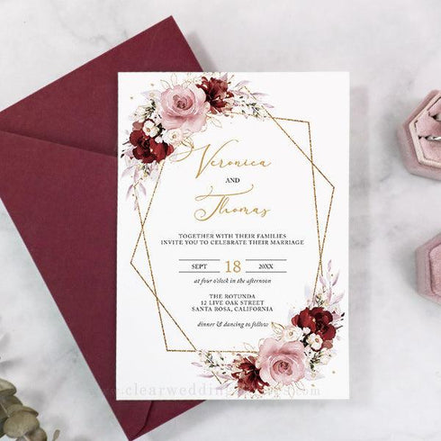 Burgundy Dusty Pink Roses Floral Vellum Wedding Invitation