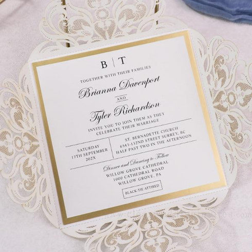 classy gold and ivory glitter laser cut wedding invitations with gold mirror backer CWIL22