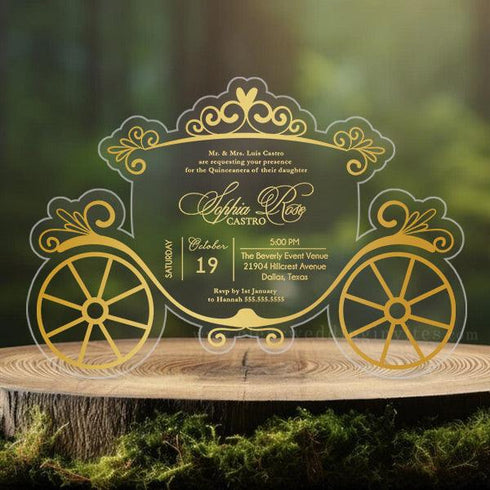 Fairytale Carriage Gold Foil Quinceañera Sweet 16 Invitation CWIP14