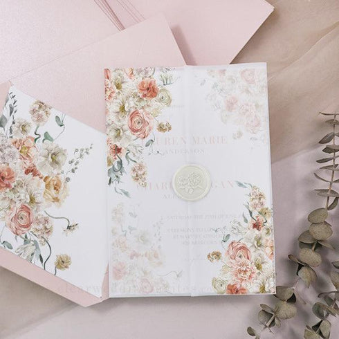 Peach Blush Coral Floral Boho Vellum Wedding Invitation CWIV46