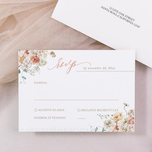 Peach Blush Coral Floral Boho Vellum Wedding Invitation CWIV46