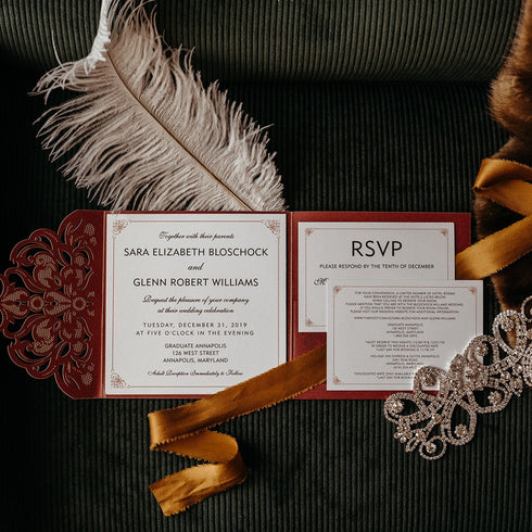 red burgundy vintage laser cut pocket wedding invitations