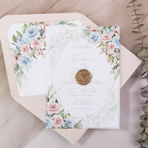 Light Dusty Blue Blush Pink Gold Floral Vellum Wedding Invitation CWIV45