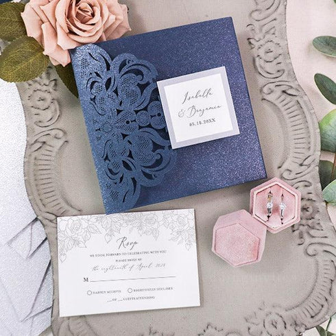 Fine art rose and leaves navy and silver pocket wedding invitations CWIL83