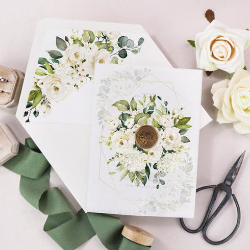 Greenery White Floral Gold Geometric Wedding Invitation CWIV44