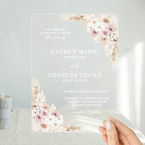 Blushing Rose Soft Beige Boho Pampas Grass Acrylic Wedding Invitation