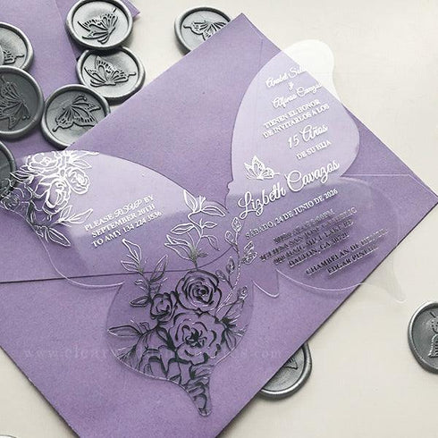 Butterfly Shape Roses Foil Quinceañera Mis Quince Invitation CWIP03