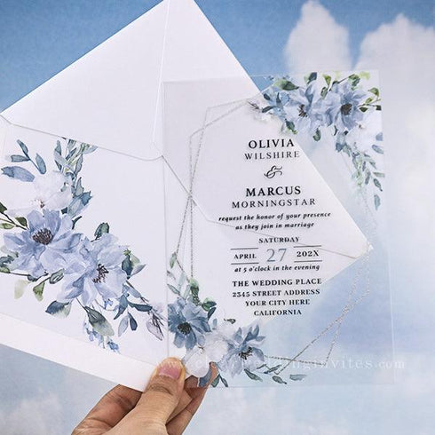 dusty blue and white floral elegant acrylic wedding invites CWIA92