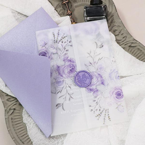 shades of purples and silver leaves acrylic wedding invitation CWIA188