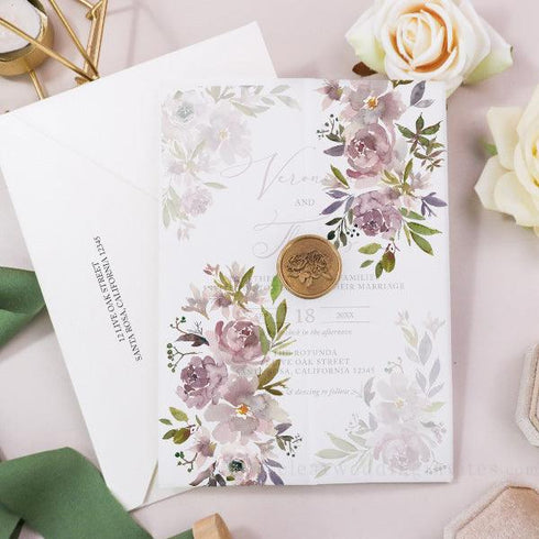 Mauve, Dusky Purple, Dusky Wildflower Vellum Wedding Invitation CWIV29