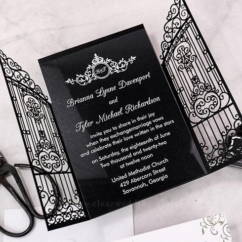 Chic Swirl Crest Gate-fold Acrylic Pocket Wedding Invitation CWIA292