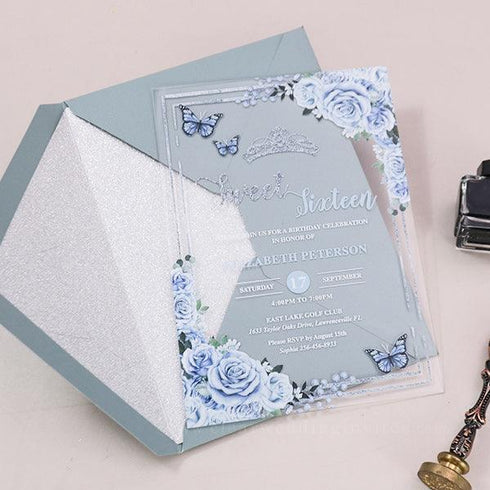Baby Blue Floral Butterflies Sweet Sixteen 16th Acrylic Invitation CWIA157
