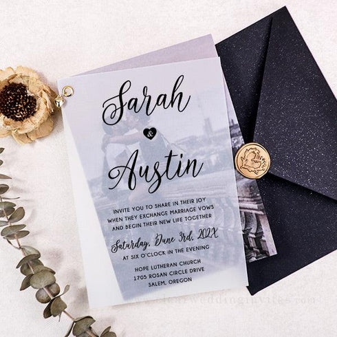 modern photo vellum wedding invitations with gold embellishment CWIV15