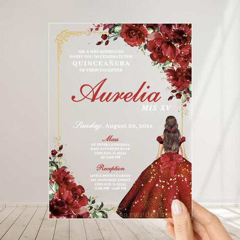 Princess & Red Roses Mis Quince Quinceanera Party Acrylic Invitation CWIA184