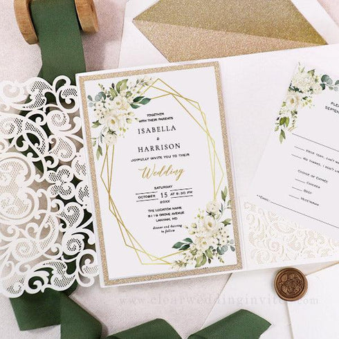 ivory laser cut pocket wedding invitations with floral framed wording CWIL14