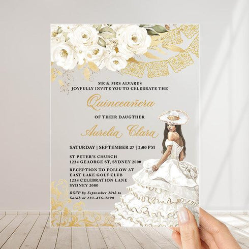 Glamour White Floral Western Charro Acrylic Quinceanera Invitation CWIA291 - Clear Wedding Invites