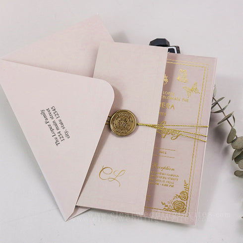 Blush pink floral quinceanera sweet 16 PVC clear foil invitation CWIP01