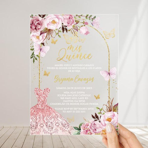Pink Sparkle Glitter Dress Sweet 16 Birthday Transparent Acrylic Invitation CWIA172