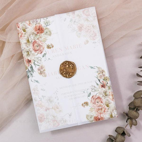 Peach Blush Coral Floral Boho Vellum Wedding Invitation CWIV46