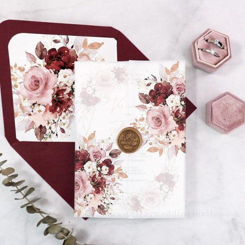 Burgundy Dusty Pink Roses Floral Vellum Wedding Invitation