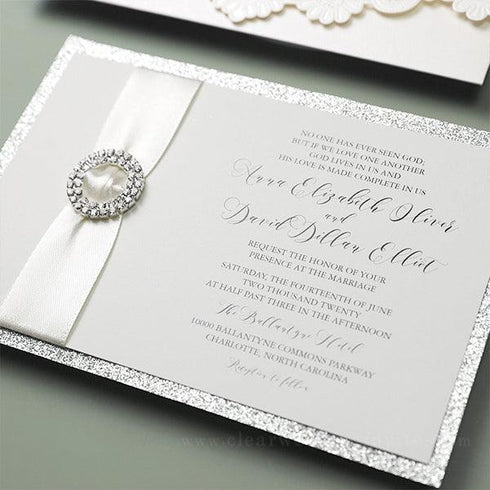formal ivory lace pocket wedding invitation with silver buckle CWIL102