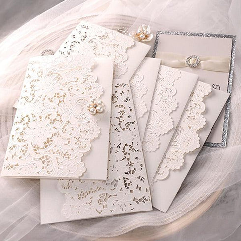 formal ivory lace pocket wedding invitation with silver buckle CWIL102