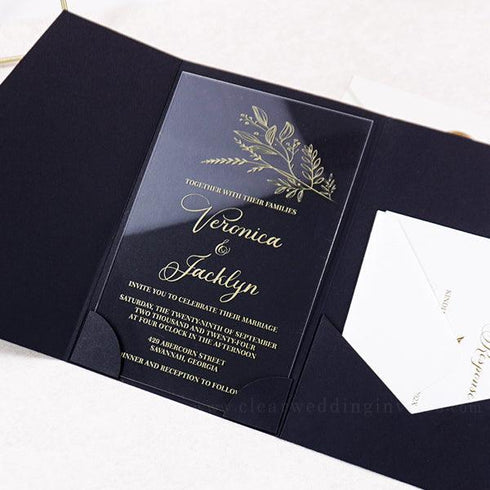 Chic Foliage Gold and Black Pocket Acrylic Wedding Invitations CWIA210