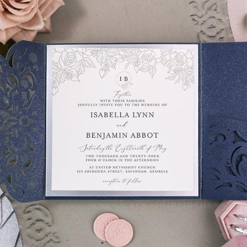 Fine art rose and leaves navy and silver pocket wedding invitations CWIL83