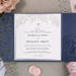 Fine art rose and leaves navy and silver pocket wedding invitations CWIL83
