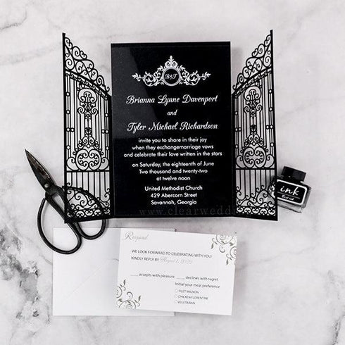 Chic Swirl Crest Gate-fold Acrylic Pocket Wedding Invitation CWIA292