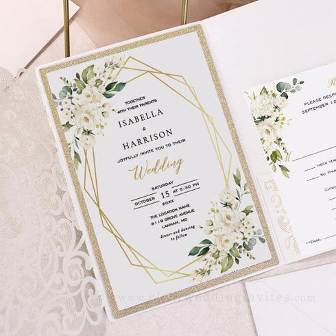 ivory laser cut pocket wedding invitations with floral framed wording CWIL14