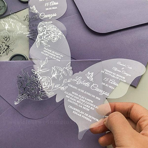 Butterfly Shape Roses Foil Quinceañera Mis Quince Invitation CWIP03