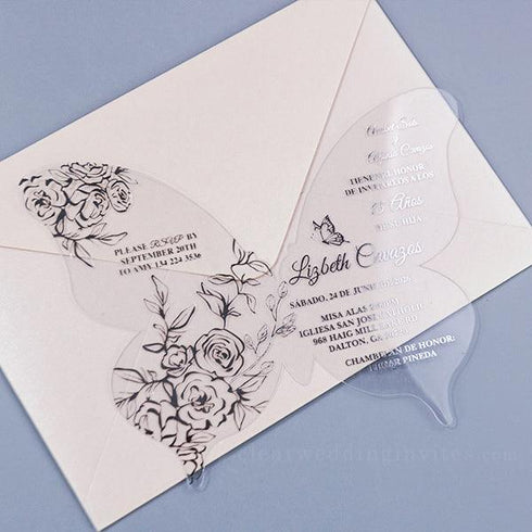 Butterfly Shape Roses Foil Quinceañera Mis Quince Invitation CWIP03