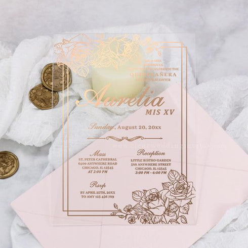 Foil Floral Invitations, Foil Wedding Invitations, Quinceanera Invitation, Baptism Invitation, Sweet Sixteen, birthday invitations CWIFI11 - Clear Wedding Invites