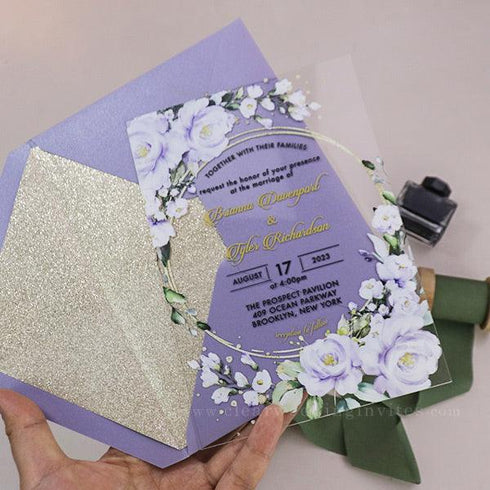 round circle lavender flowers acrylic wedding invitation CWIA119