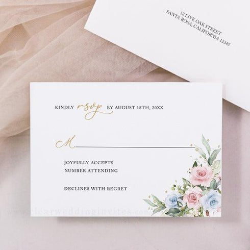 Light Dusty Blue Blush Pink Gold Floral Vellum Wedding Invitation CWIV45