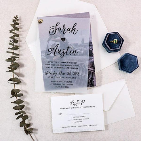 modern photo vellum wedding invitations with gold embellishment CWIV15