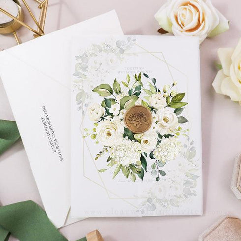 Greenery White Floral Gold Geometric Wedding Invitation CWIV44