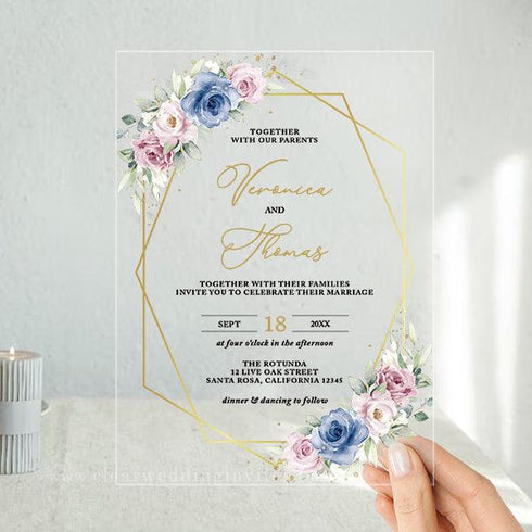 Slate Blue Mauve Rose Pink Floral Clear Acrylic Wedding Invites CWIA294 - Clear Wedding Invites