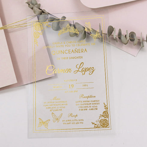 Blush pink floral quinceanera sweet 16 PVC clear foil invitation CWIP01