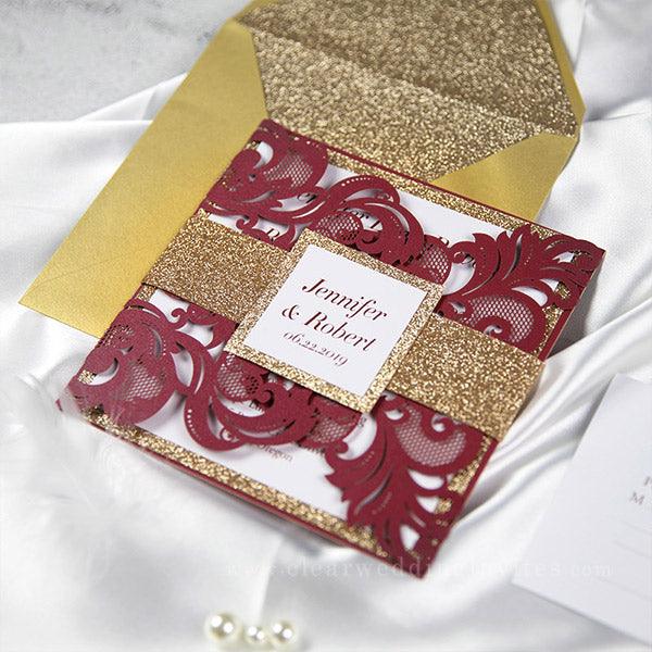 fall burgundy laser cut wedding invitations with gold glittery belly band CWIL49