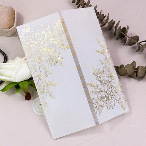 Real Foil Gold Roses and Foliage Clear Acrylic Invitations PVC Invites CWIFI04