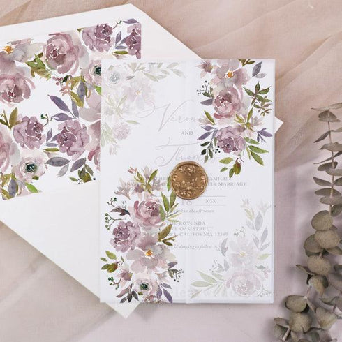 Mauve, Dusky Purple, Dusky Wildflower Vellum Wedding Invitation CWIV29