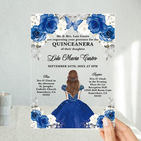 Enchanting Royal Blue Roses Gold Sparkle Dress Sweet 16 Acrylic Invitation CWIA175