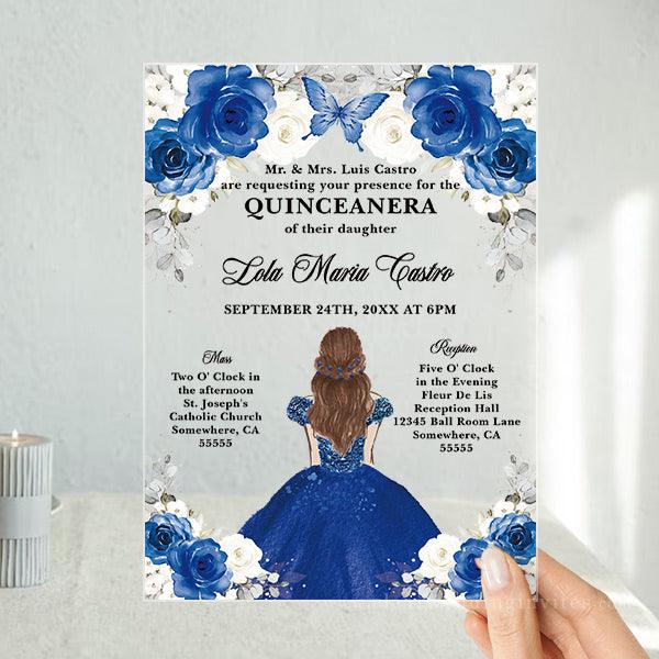 Enchanting Royal Blue Roses Gold Sparkle Dress Sweet 16 Acrylic Invitation CWIA175