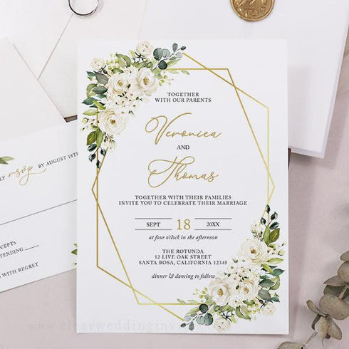 Greenery White Floral Gold Geometric Wedding Invitation CWIV44