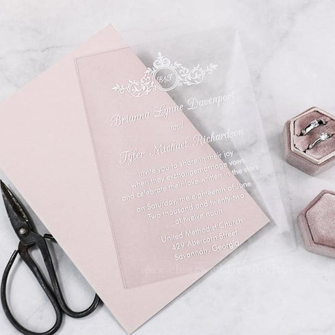 white ink elegant monogram clear acrylic wedding invites 1mm thickness CWIA37