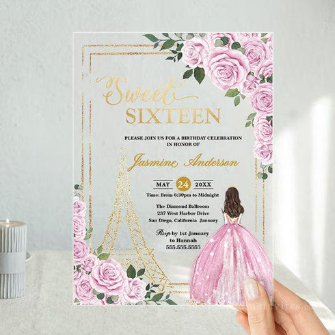 Paris Eiffel Tower Pink Floral Baby Shower Quince Acrylic Invitation CWIBA21