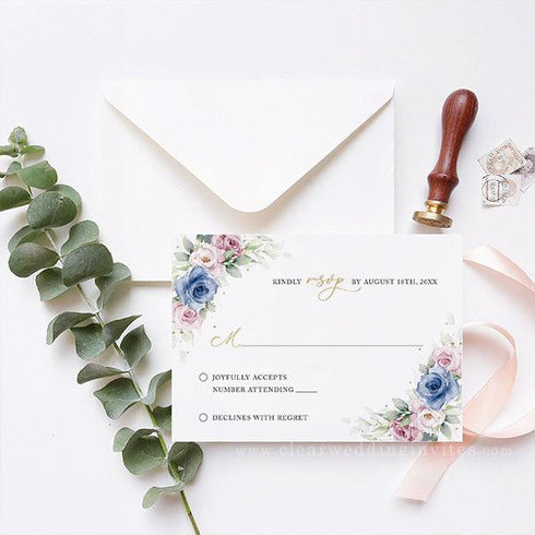 Slate Blue Mauve Rose Pink Floral Clear Acrylic Wedding Invites CWIA294